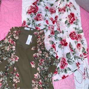 New York & Company Pink and Green Floral Blouse